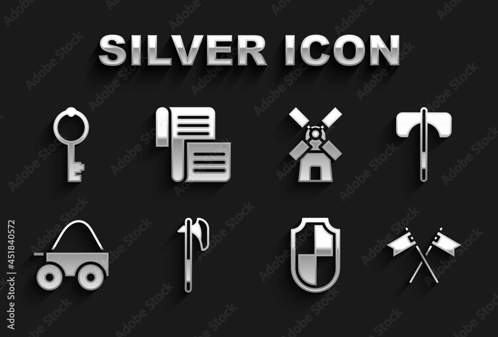 Set Medieval axe, Crossed medieval flag, Shield, Wooden four-wheel cart, Windmill, Old key and Decree, parchment, scroll icon. Vector Set Medieval axe, Crossed medieval flag, Shield, Wooden four-wheel cart, Windmill, Old key and Decree, parchment, scroll icon. Vector