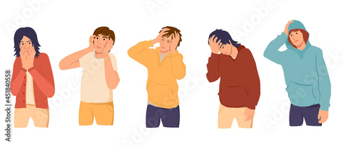 Set of regret, desperate or embarrassed people vector. Sad unhappy disappointed adult characters in bad failure situation, with face palm gesture, touch head in headache, disappointment or shame