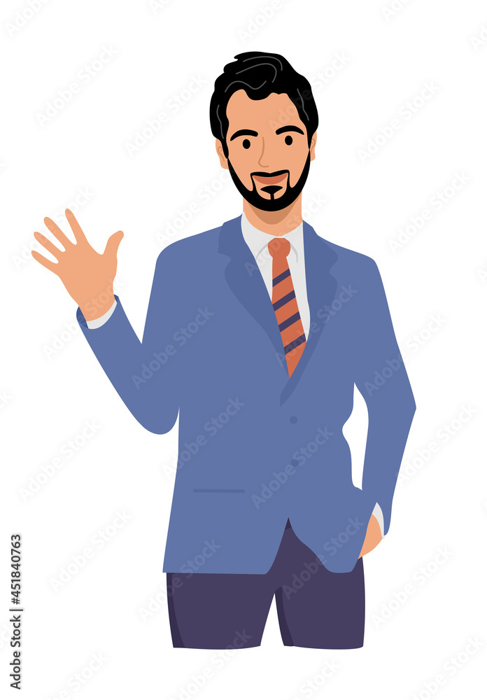 heerful businessman waving hello. Greeting gesture. Guy, man waving hand saying hi. Character wave their hand. Flat design vector illustration. heerful businessman waving hello. Greeting gesture. Guy, man waving hand saying hi. Character wave their hand. Flat design vector illustration.