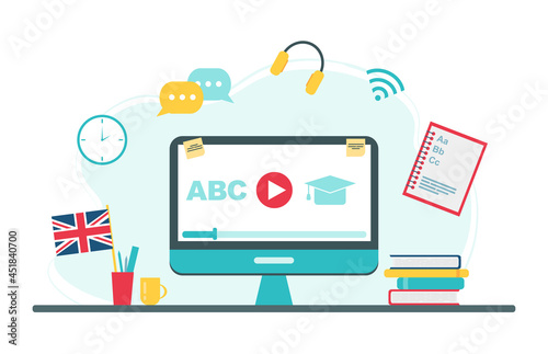 Online education concept. English school subject online education service or platform. Vector illustration in flat style