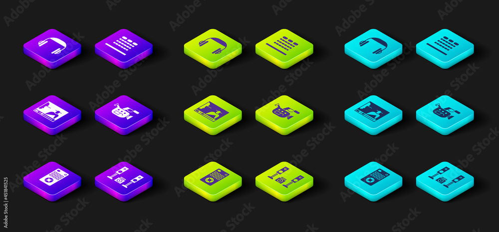 Set Remote control, Home stereo with two speakers, Online play video, Cinema camera, auditorium seats and Headphones icon. Vector Set Remote control, Home stereo with two speakers, Online play video, Cinema camera, auditorium seats and Headphones icon. Vector