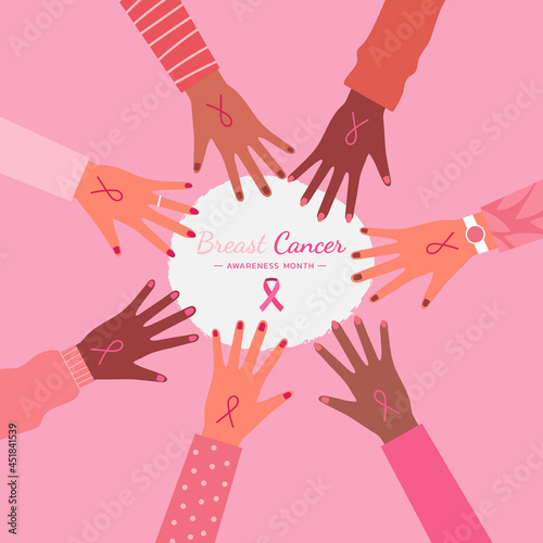 concept of women hands join together for breast cancer awareness and support and prevention with pink ribbon symbol in the center, vector flat illustration