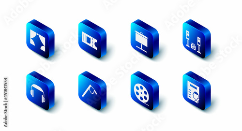 Set Cinema ticket, Projection screen, Home stereo with two speakers, poster, Film reel, Microphone, Headphones and Curtain icon. Vector