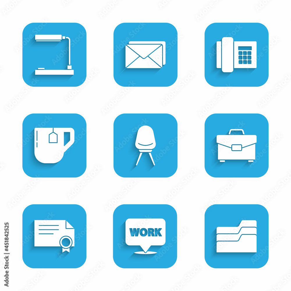 Set Office chair, Location with text work, Document folder, Briefcase, Certificate template, Cup of tea tea bag, Telephone and Table lamp icon. Vector Set Office chair, Location with text work, Document folder, Briefcase, Certificate template, Cup of tea tea bag, Telephone and Table lamp icon. Vector