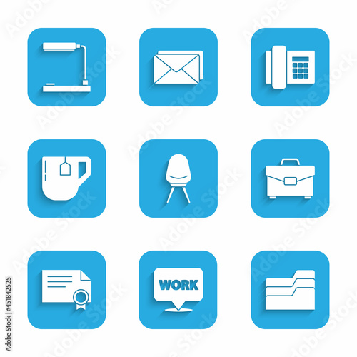 Set Office chair, Location with text work, Document folder, Briefcase, Certificate template, Cup of tea tea bag, Telephone and Table lamp icon. Vector