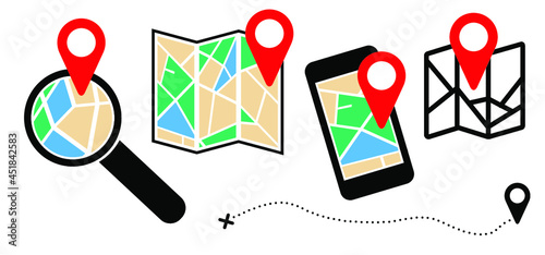 Folded city map with location Route search tracking icons Mark maps signs. Vector pin Symbol Track and trace point marker Fly ravel, love navigation pointer Mobile gadgets Geo pins Roads navigator GPS