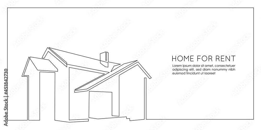 One continuous line drawing of silhouette modern house. Fashionable concept of Home architecture in minimalistic black linear design in frame. Doodle Vector illustration