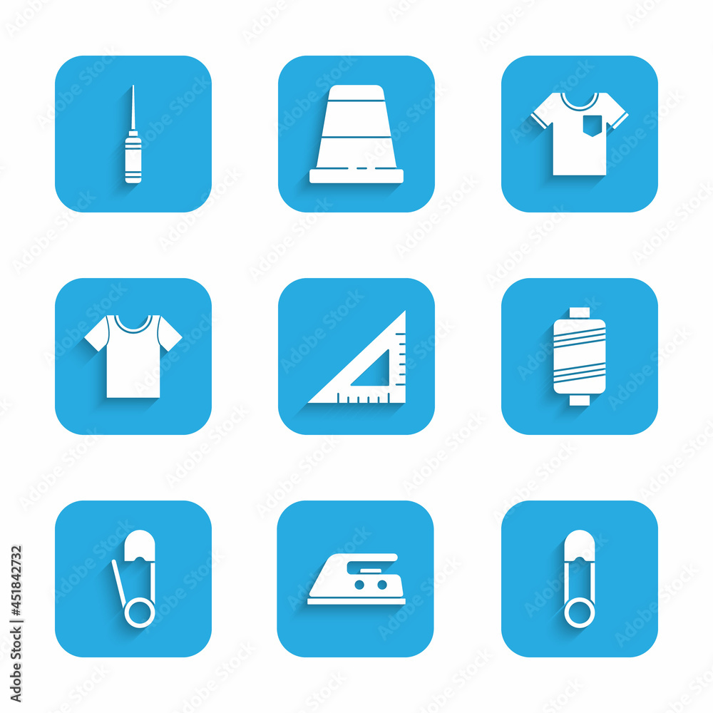 Set Triangular ruler, Electric iron, Safety pin, Sewing thread, T-shirt, and Awl tool icon. Vector