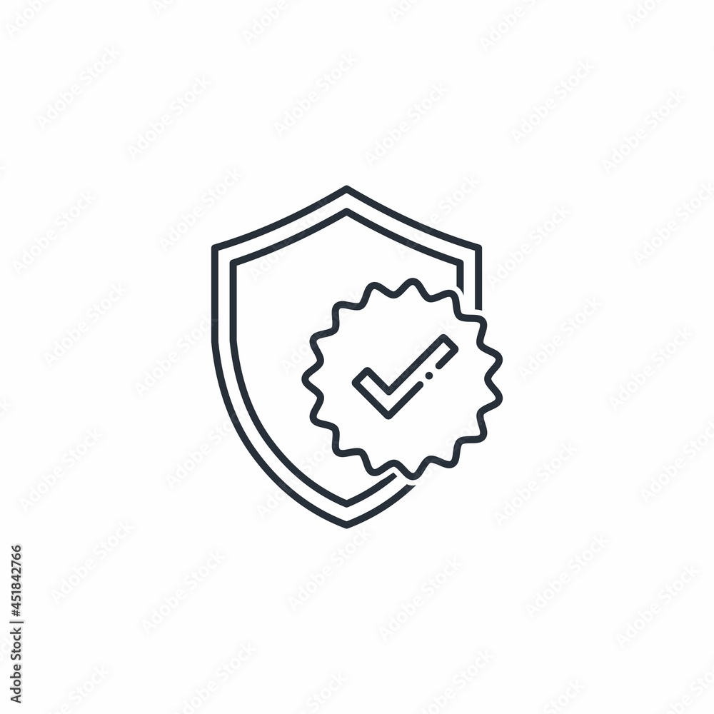 Shield with confirmation stamp. Approved protection. Vector linear icon isolated on white background. Shield with confirmation stamp. Approved protection. Vector linear icon isolated on white background.