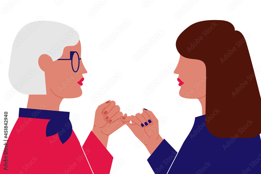 Stylish grandmother and granddaughter locking pinkies, making promise