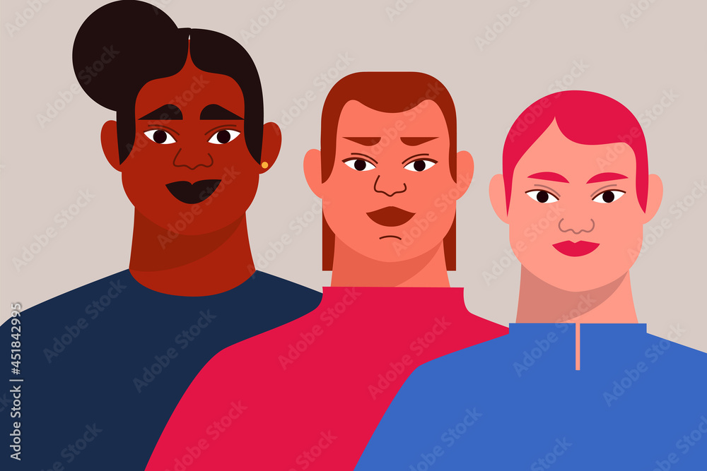 Three non-binary, gender fluid people. Concept illustration on diversity, LGBTQ, queer community, equality. Super colorful illustration on gray background. Three non-binary, gender fluid people. Concept illustration on diversity, LGBTQ, queer community, equality. Super colorful illustration on gray background.