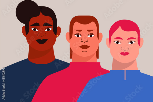 Three non-binary, gender fluid people. Concept illustration on diversity, LGBTQ, queer community, equality. Super colorful illustration on gray background. 