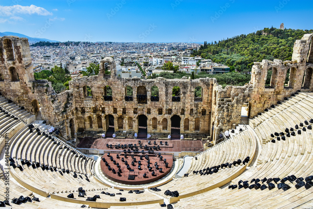 ancient theater and view of Athens, Arkopol, Greece 