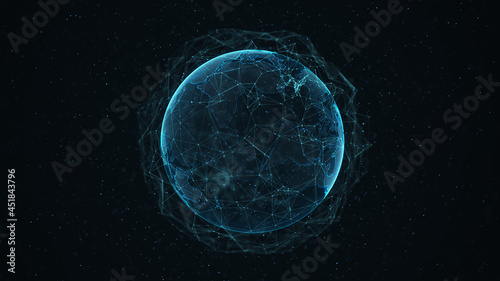 Global network connection. Blue futuristic world map. Concept of planet Earth. 3D rendering.