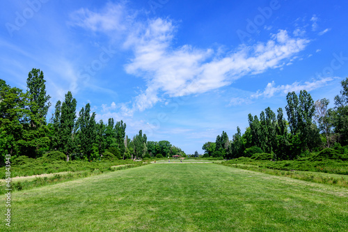 Landscape with old green trees and leager grass meadow at the entry in King Michael I Park (former Herastrau) in Bucharest, Romania, in a sunny spring day with blue sky..