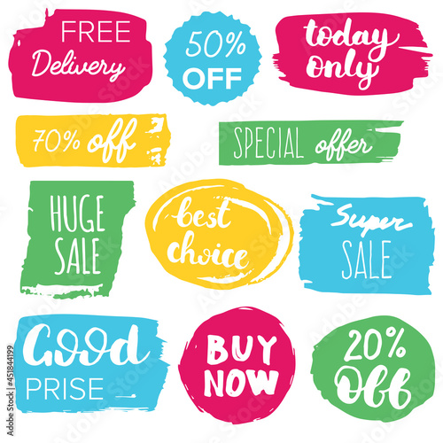 Set of sale labels. Hand drawn vector illustration labels for shopping, e-commerce, product promotion, social media stickers, marketing.