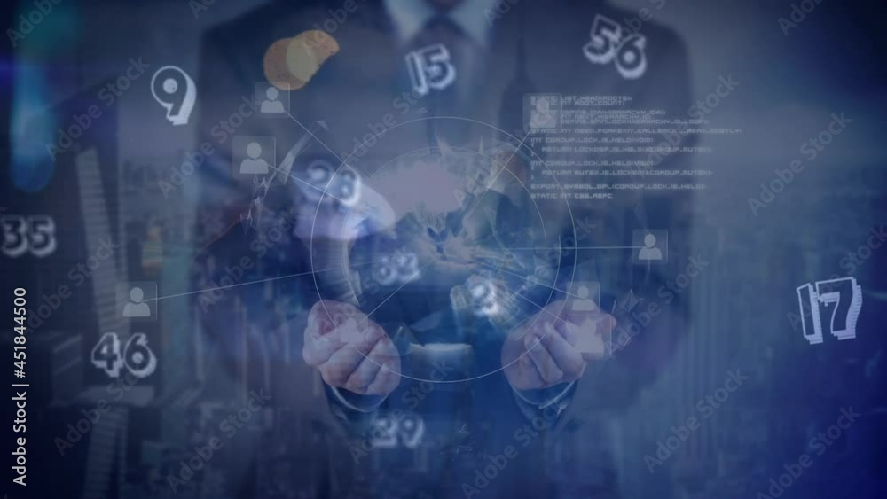 Animation of data processing over businessman holding globe of connections Animation of data processing over businessman holding globe of connections
