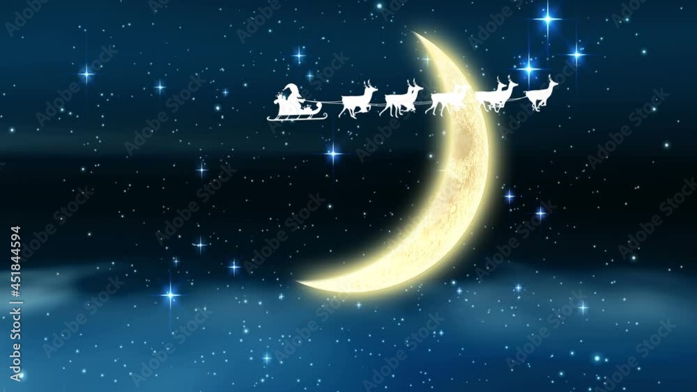 Animation of santa claus in sleigh with reindeer over moon and stars Animation of santa claus in sleigh with reindeer over moon and stars