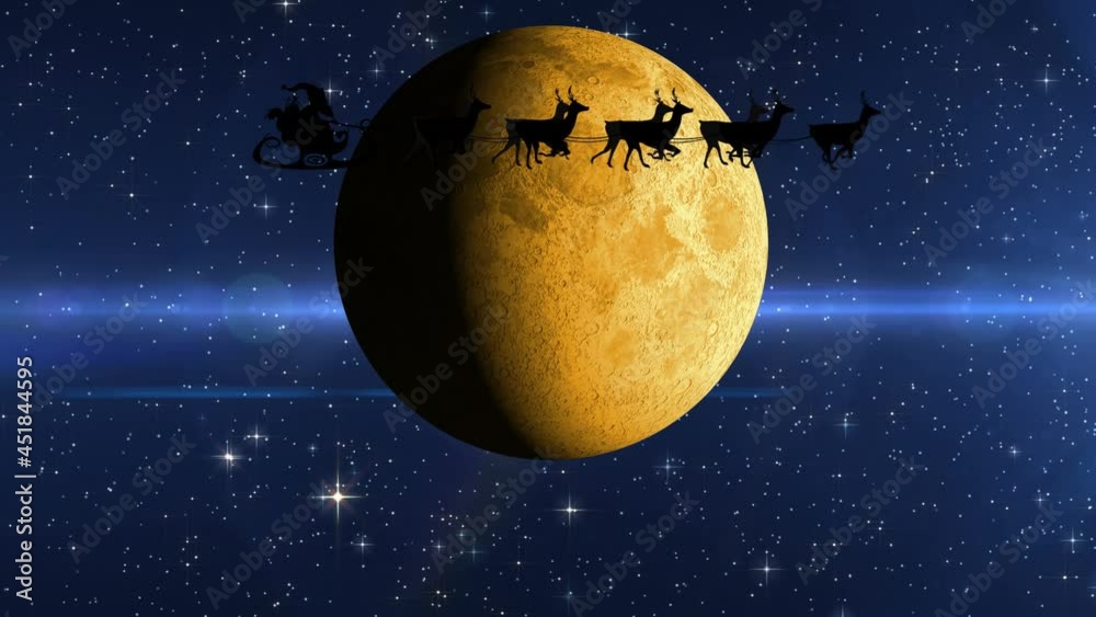 Animation of santa claus in sleigh with reindeer over moon and stars Animation of santa claus in sleigh with reindeer over moon and stars