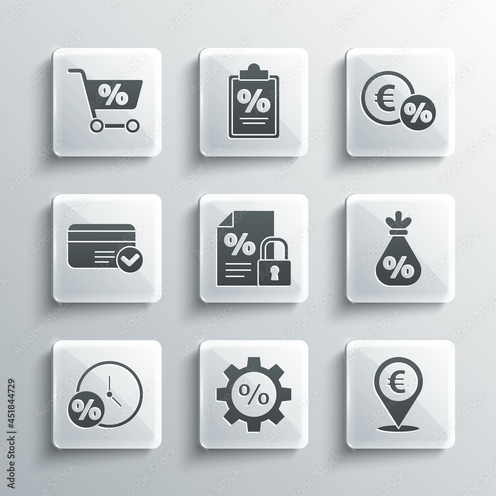 Set Gear with percent, Cash location, Money bag, Finance document and lock, Clock, Credit card, Shopping cart and coin icon. Vector Set Gear with percent, Cash location, Money bag, Finance document and lock, Clock, Credit card, Shopping cart and coin icon. Vector