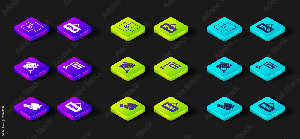 Set Realtor, Hanging sign with Rent, Search house, Sold, text and House plan icon. Vector Set Realtor, Hanging sign with Rent, Search house, Sold, text and House plan icon. Vector