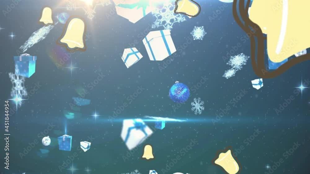 Animation of christmas bells, gifts and baubles falling on black background with lights Animation of christmas bells, gifts and baubles falling on black background with lights