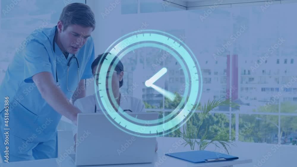 Animation of digital clock over doctors using laptop