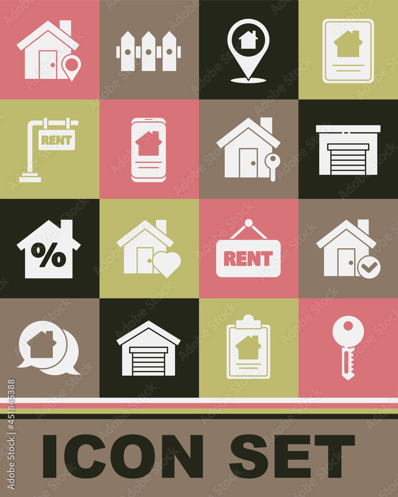 Set House key, with check mark, Garage, Location house, Online real estate, Hanging sign Rent, and icon. Vector Set House key, with check mark, Garage, Location house, Online real estate, Hanging sign Rent, and icon. Vector