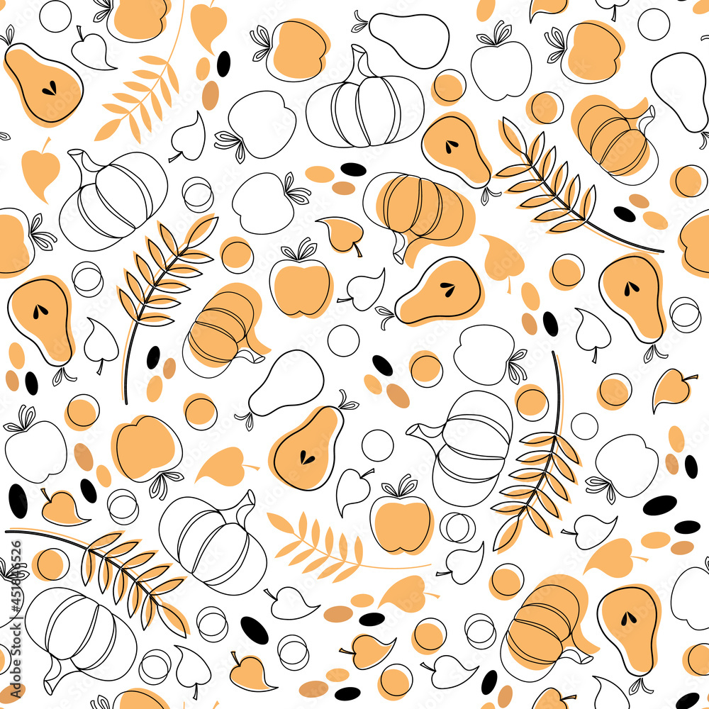 Naklejka premium Autumn pattern with fruits, pumpkins and flowers