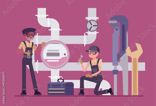 Plumbers or inspector of plumbing service, water counting meter installation. Calibration, maintenance, professional technicians checking pipeline, measurement of flowmeter device. Vector illustration