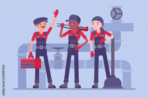 Professional plumbing service team, male technicians, fixing blocks and leakages. Experienced, fully-equipped workers to install, maintain, test pipes, fittings of heating, water. Vector illustration
