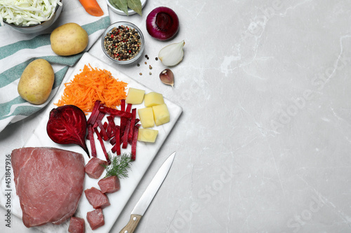 Fresh borscht ingredients on light grey table, flat lay. Space for text
