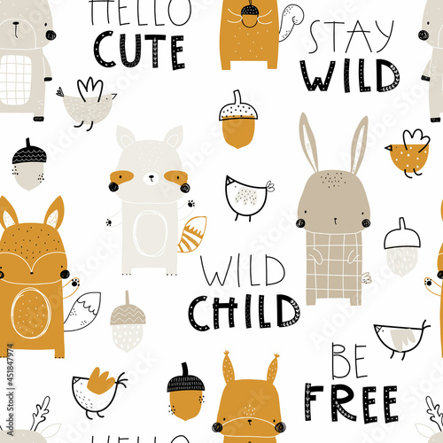 Vector hand-drawn colored childrens seamless repeating pattern with cute deer, fox, raccoon, squirrel, trees, on a white background. Creative kids forest texture for fabric, wallpaper, apparel.