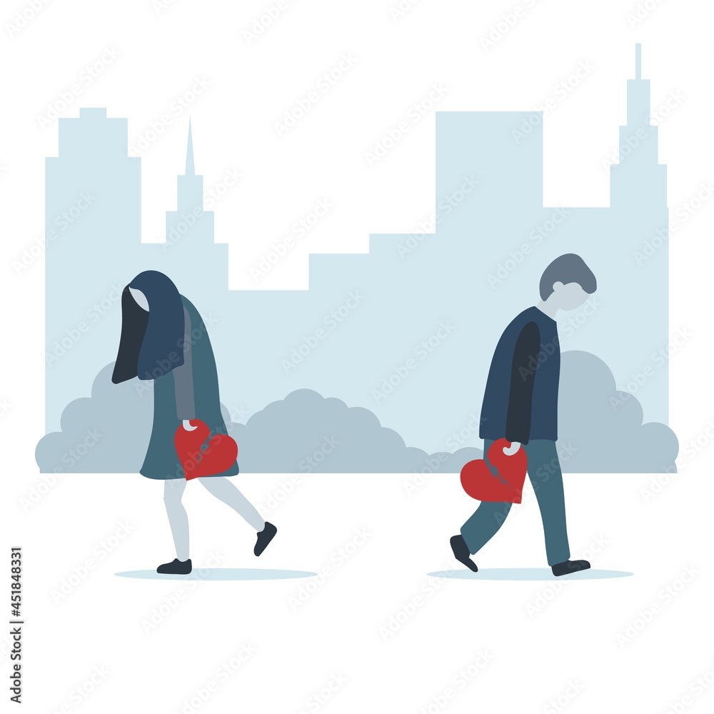 Man and woman break up. Sad couple going in different directions with a broken heart in hand. Man and woman break up. Sad couple going in different directions with a broken heart in hand.