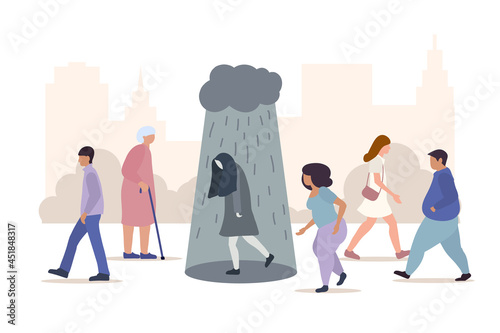 Depressed woman walks under cloud with falling rain on crowded city street. Depression, mental problems, loneliness