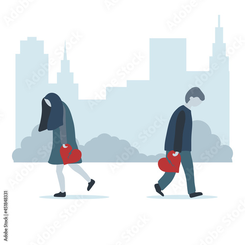Man and woman break up. Sad couple going in different directions  with a broken heart in hand.
