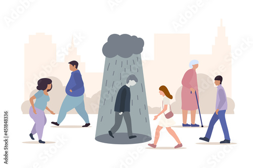 Depressed man walks under cloud with falling rain on crowded city street. Depression, mental problems, loneliness