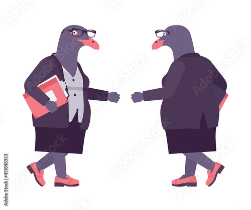 Bird woman, seagull head female pigeon in human wear walking. Plump rounded person with short legs, clumsy seabird, wild marine creature. Vector flat style cartoon illustration, front and rear view
