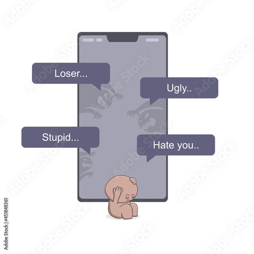 Cartoon person in depression. Hate speeches on cellphone screen.Concept of cyber bullying.