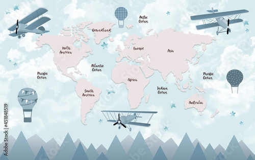 Fototapeta mapa z górami, samolotami i balonami