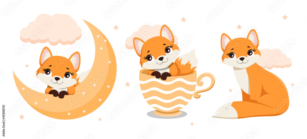 Little fox set. Cute wild animal with moon, cup and cloud. Colorful collection for stickers, posters and printing on fabric. Cartoon modern flat vector illustrations isolated on white background Little fox set. Cute wild animal with moon, cup and cloud. Colorful collection for stickers, posters and printing on fabric. Cartoon modern flat vector illustrations isolated on white background