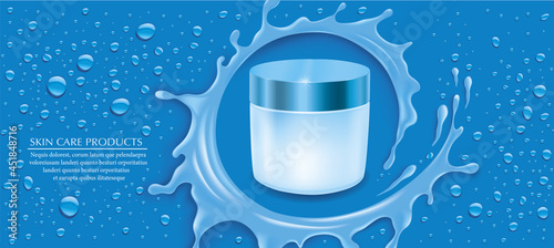 Cosmetic cream box  on blue background in water splash with many fresh bubbles and drops
