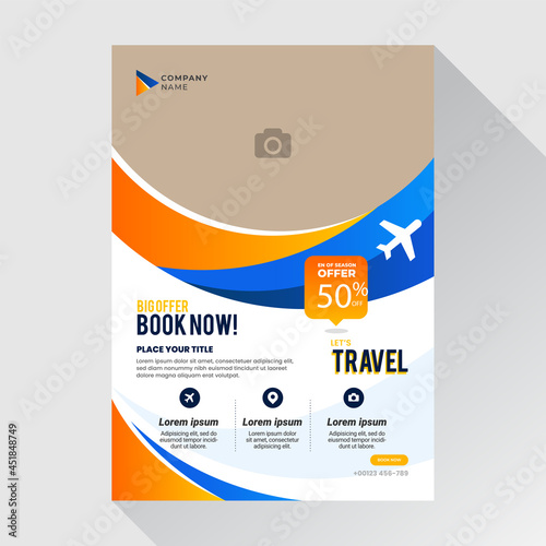 Travel flyer template design with contact and venue details photo