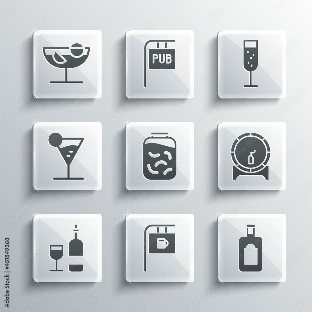 Set Street signboard with Bar, Whiskey bottle, Wooden barrel on rack, Pickled cucumbers in jar, Wine glass, Martini, Cocktail and Glass of champagne icon. Vector Set Street signboard with Bar, Whiskey bottle, Wooden barrel on rack, Pickled cucumbers in jar, Wine glass, Martini, Cocktail and Glass of champagne icon. Vector