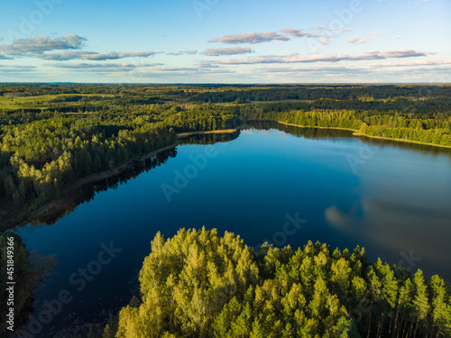 Fototapeta Naklejka Na Ścianę i Meble -  Beautiful aerial view of Moletai region, famous or its lakes. Scenic summer evening landscape, Lithuania