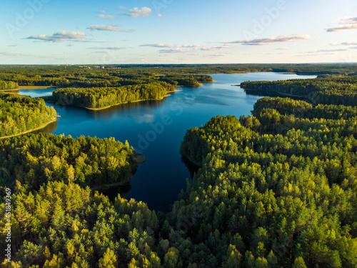 Beautiful aerial view of Moletai region, famous or its lakes. Scenic summer evening landscape, Lithuania photo