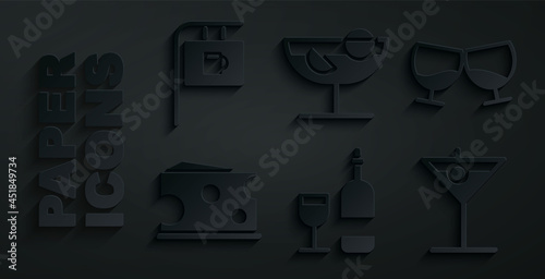 Set Wine bottle with glass, Glass of cognac or brandy, Cheese, Martini, Cocktail and Street signboard Bar icon. Vector
