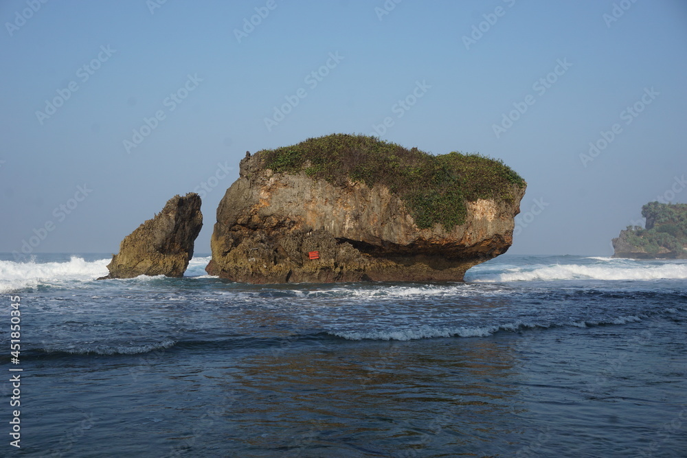 Fototapeta premium Mesra beach with a natural background. Mesra means intimate. Mesra beach also known as kukup beach or ngrawe beach
