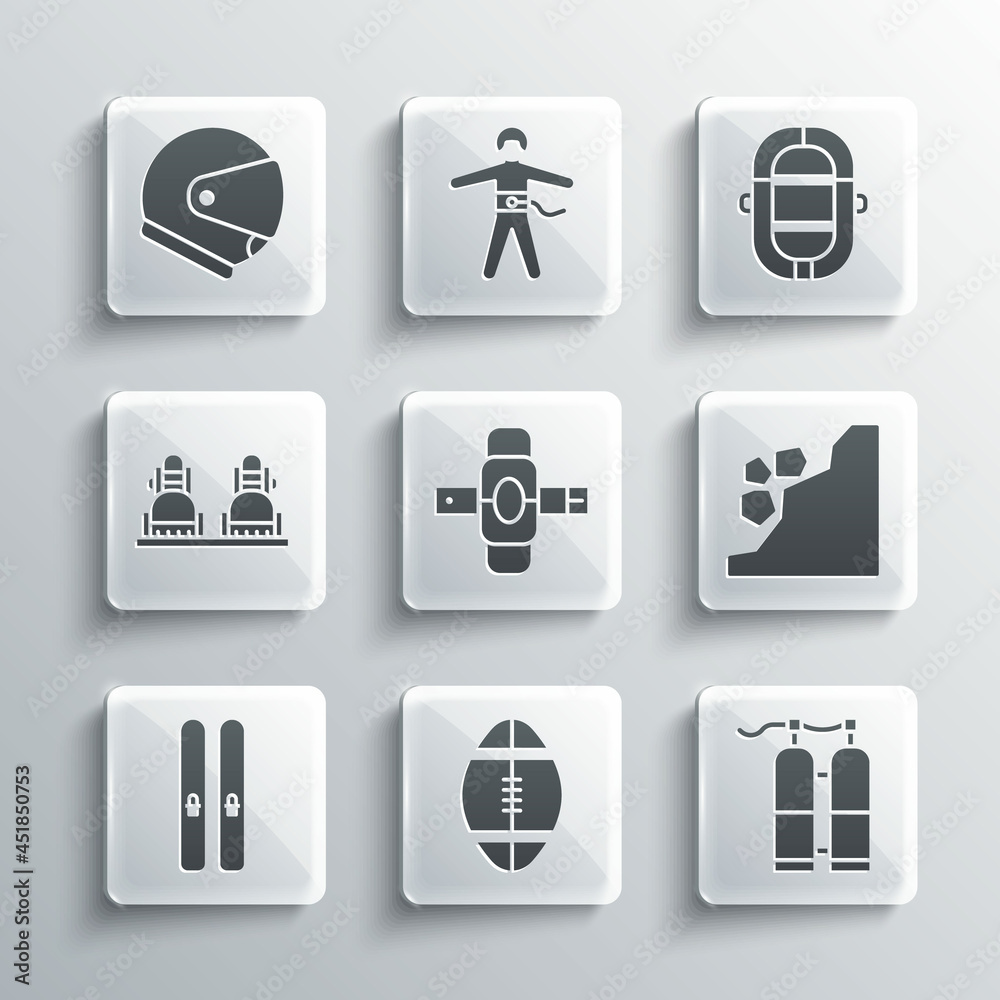 Set Rugby ball, Aqualung, Landslide, Knee pads, Ski sticks, Snowboard, Helmet and Rafting boat icon. Vector Set Rugby ball, Aqualung, Landslide, Knee pads, Ski sticks, Snowboard, Helmet and Rafting boat icon. Vector