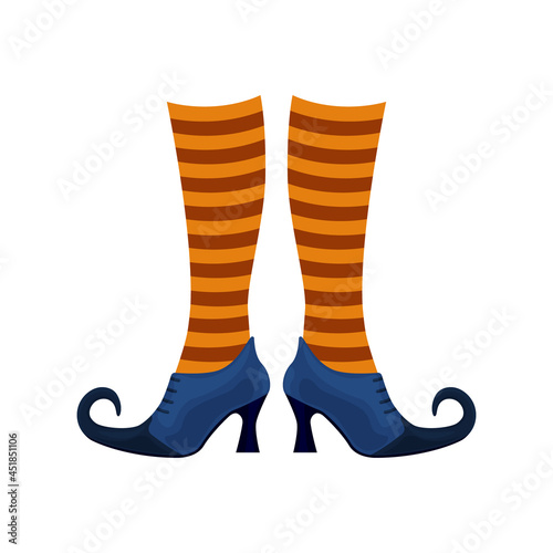 Witch boots of lilac color with pointed noses in striped orange socks. The witch s shoes, a symbol of Halloween. Vector illustration isolated on a white background